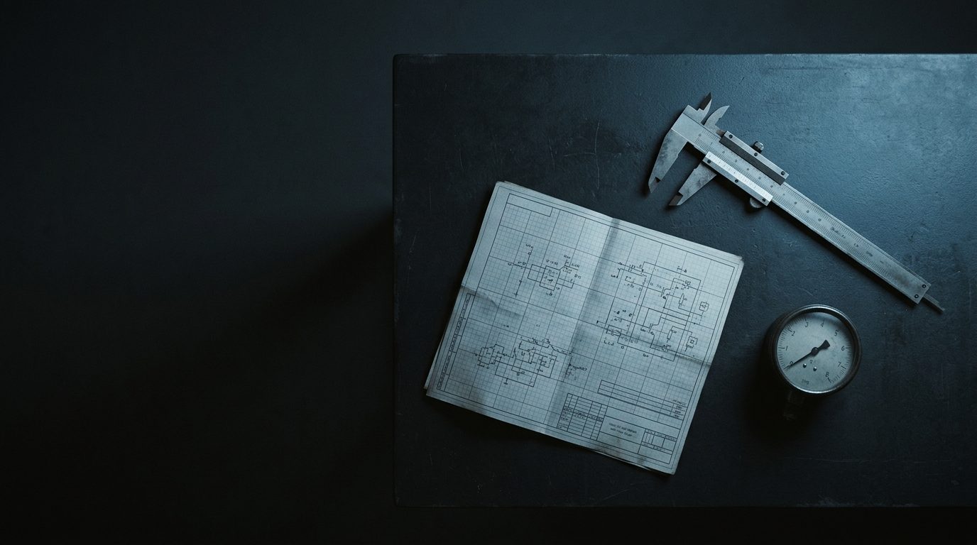 Штангенциркуль, инженерный чертёж на миллиметровой бумаге и манометр на тёмном верстаке